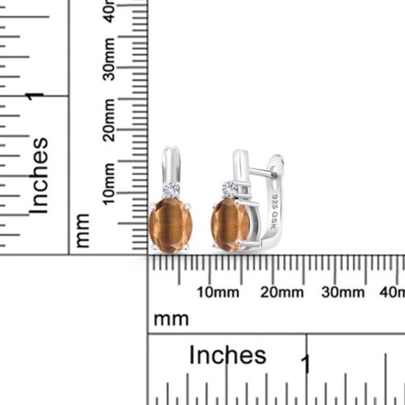 925 Sterling Silver with 3.10 Cttw Brown Tiger Eye and White Sapphire Earrings - Picture 4 of 4